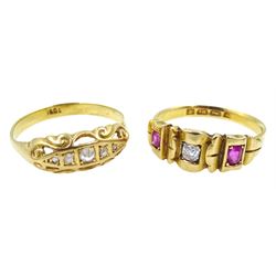 Victorian 18ct gold three stone diamond and ruby ring, Birmingham 1883 and afive stone diamond ring stamped 18ct 