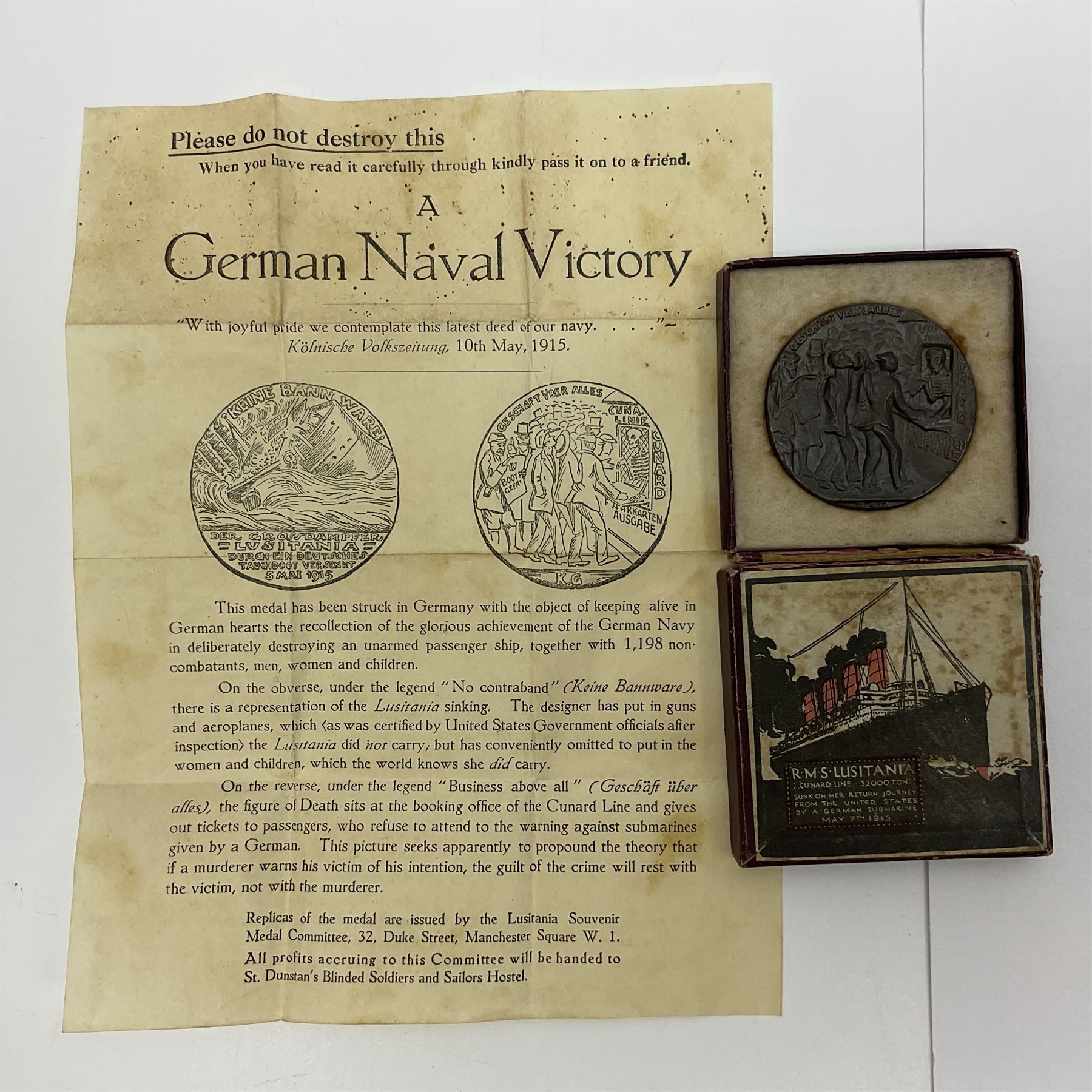 RMS Lusitania iron medallion dated 5th May, 5.5cm diameter, boxed with St Dunstan's Blinded Soldiers Profit paperwork; another unboxed similar Lusitania medallion; 30th Corps Alamein Cuxhaven medallion; Battle of Jutland 1916 silver memorial pendant; Navajo Code Talkers medallion 2000; and five other military related medallions