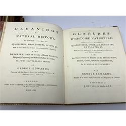 Edwards (George). Natural History of Uncommon Birds, and of Some Other Rare and Undescribed Animals... Exhibited in two hundred and ten copper plates, from designs copied immediately from nature, and curiously coloured after life... to which is added, a brief and general idea of drawing and painting in water-colours; with instructions for etching on copper with aquafortis: likewise some thoughts on the passage of birds; and additions to many of the subjects described in this work, 4 volumes, printed for Author, at the College of Physicians, in Warwick-Lane, 1743-51, & Gleanings of Natural History, exhibiting figures of quadrupeds, birds, insects, plants &c. most of which have not, till now, been either figured or described, 3 volumes, printed for the author, at the Royal College of Physicians, in Warwick-Lane, 1758-64, 7 volumes in all, containing 362 fine hand-coloured copper engraved plates (210 and 152 plates respectively to each work), uncoloured engraved portrait of the author by Johann Sebastian Muller after Bartholomew Dandridge, the three volumes of Gleanings of Natural History with parallel English and French printed text in double column, marbled endpapers, bookplate of William Hudson Hulme Hall Cheadle Hulme to front pastedown of each volume, contemporary uniform full red leather, with patterned outer border to each cover, panelled spines and all edges gilt, 4to (29 x 24 cm) (7) A fine set in contemporary uniform binding of 'one of the most important of all bird books, both as a fine bird book and a work of ornithology' (Sitwell, Fine Bird Books). The father of British ornithology, George Edwards (1694-1773) was appointed librarian at the College of Physicians, with the assistance of Sir Hans Sloane, who also employed him to draw curiosities from his own collection. These drawings, as well as others made by Edwards from the collections of his circle, including Mark Catesby, and the Dutchman Gideon Loten, formed the basis of his Natural History. Amongst the species described, some of which appear in print for the first time, are many from India and North America. Edwards personally oversaw the colouring of the engravings - 316 of which are of birds - carefully supervising the colourists who worked from twelve model copies coloured by the author himself. The work includes 'some brief instructions for etching on engraving on copper-plates', Edwards having been encouraged to etch his own plates by Catesby, and 'A Brief Idea of Drawing and Painting in Water-Colours'.
