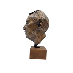 Anne Curry (French 1943-): Bronze bust modelled after the artist's late Grandfather, signed and dated '95 and numbered 1/5 on square wooden plinth, H41cm overall. Provenance: This piece was a gift from the artist's father to the vendors late mother in law. The portrait depicts the artist's late Grandfather who was a friend of the family