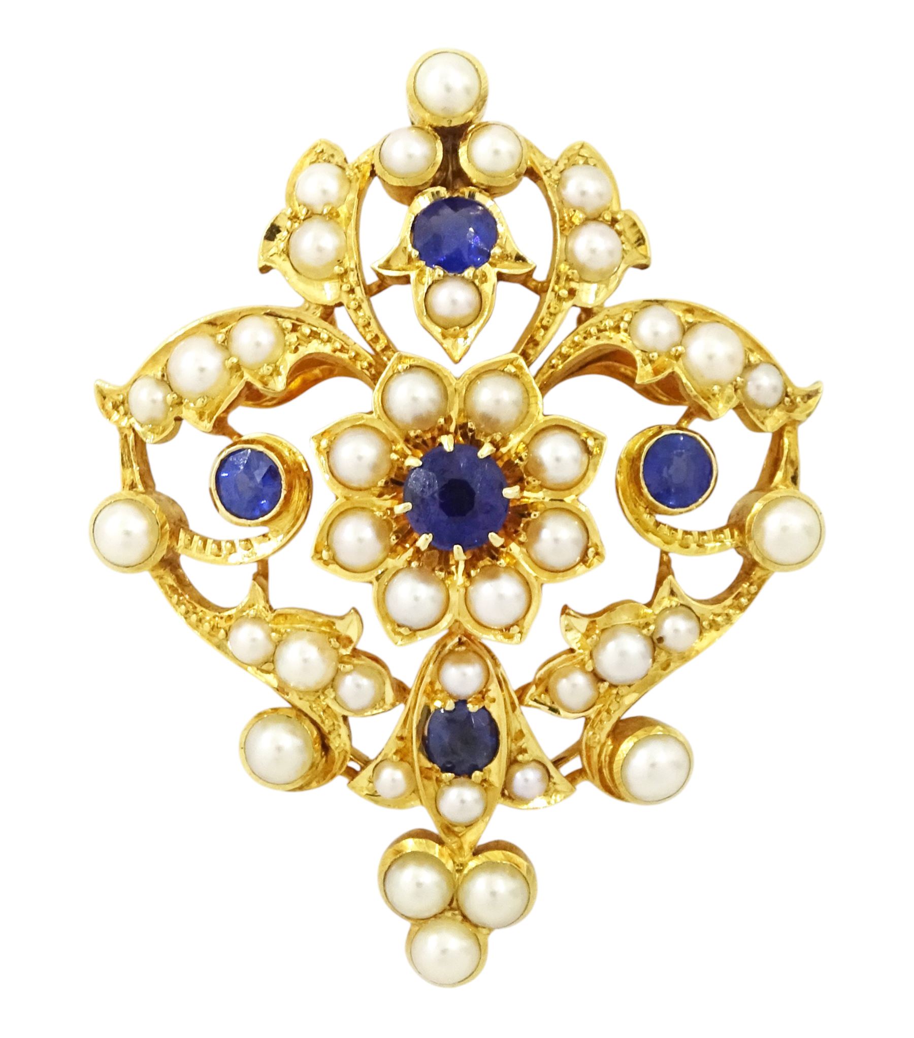 Victorian 15ct gold sapphire and split pearl pendant / brooch, the central flower head cluster set with a round cut sapphire surrounded by pearls, amongst an openwork setting set with four further sapphires and pearls, the reverse with presentation engraving and detachable brooch setting