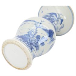 Chinese blue and white yenyen vase, decorated with fisherman in a village landscape, together with vase of cylindrical form decorated with birds amongst peonies, largest H36cm 