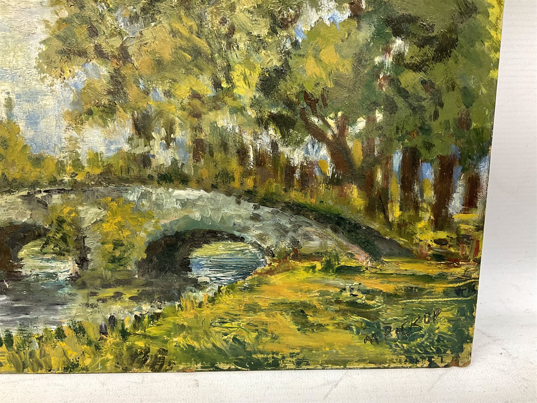 M. Holmes Pickup (Scottish, 20th Century): Bridge over River, Oil on board, signed in pen to lower right, 34cmx26.5cm