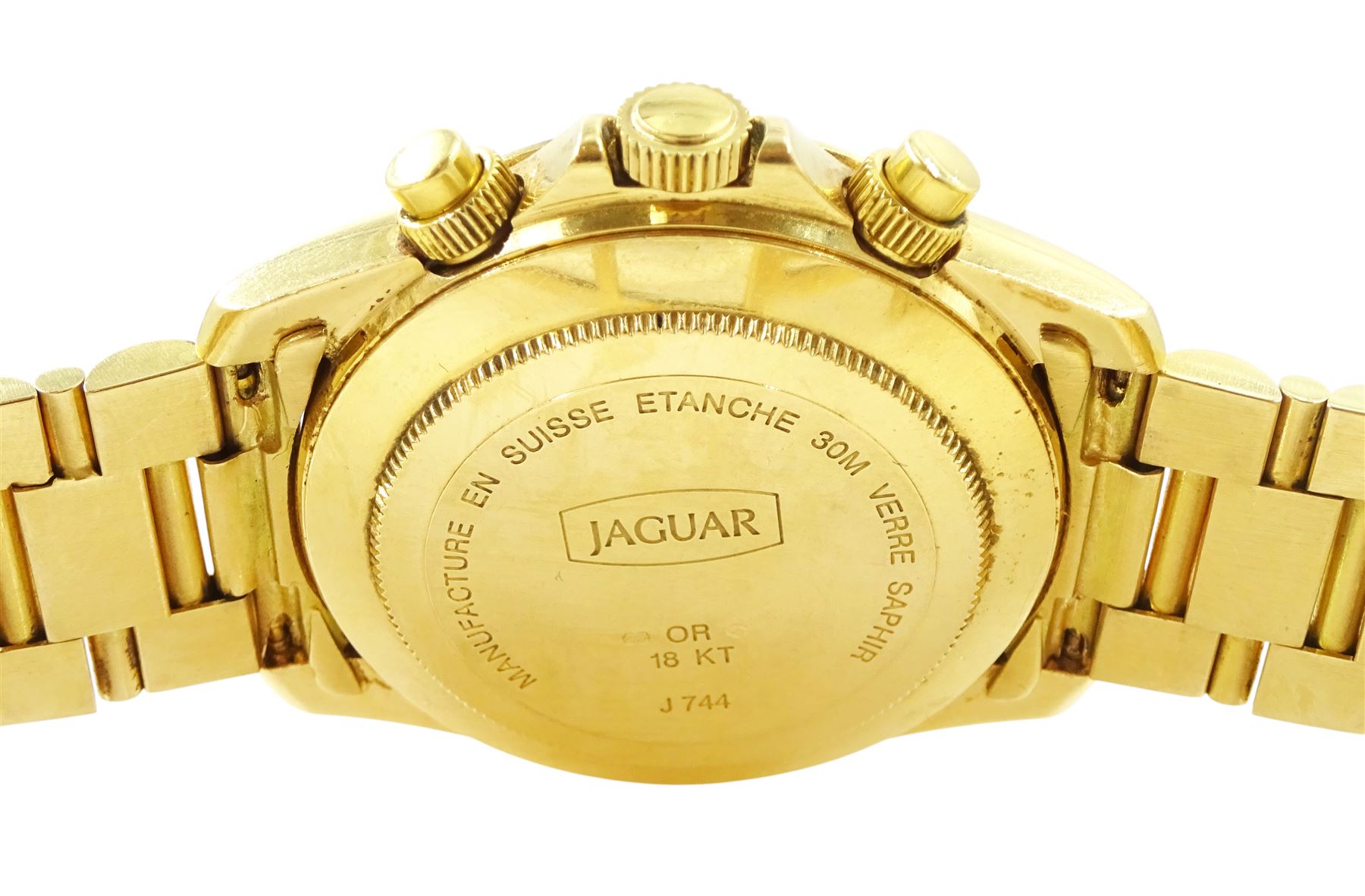 Jaguar gentleman's 18ct gold automatic chronograph wristwatch, white dial with mother of pearl subsidiary seconds dials, day-date aperture and baton hour markers, on 18ct gold bracelet, Swiss hallmarks