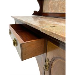 James Shoolbred & Co. London - Edwardian inlaid mahogany marble top washstand, raised marble back, fitted with two cupboards and drawer, square tapering supports with brass castors, stamp to drawer a/f