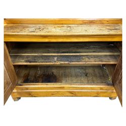 19th century French walnut dresser, the moulded cornice over two-panelled cupboard doors, enclosing two shelves and one small
drawer, on a base of two further cupboards