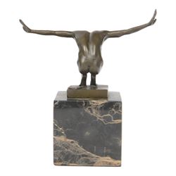 After Miguel Fernando Lopez Power of Silence, modelled as a athlete crouched with arms outstretched, signed Milo, upon a marble plinth, H15cm