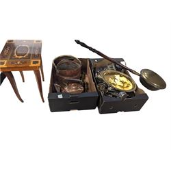Copper and brass bed warming pan, wooden jewellery table and a collection of copper, silver plate and other metal ware