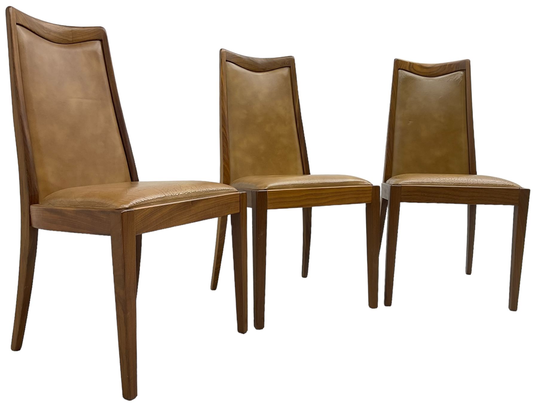 G-Plan - set of six mid-20th century teak 'Fresco' dining chairs, high back and seat upholstered in tan faux leather, on square tapering supports