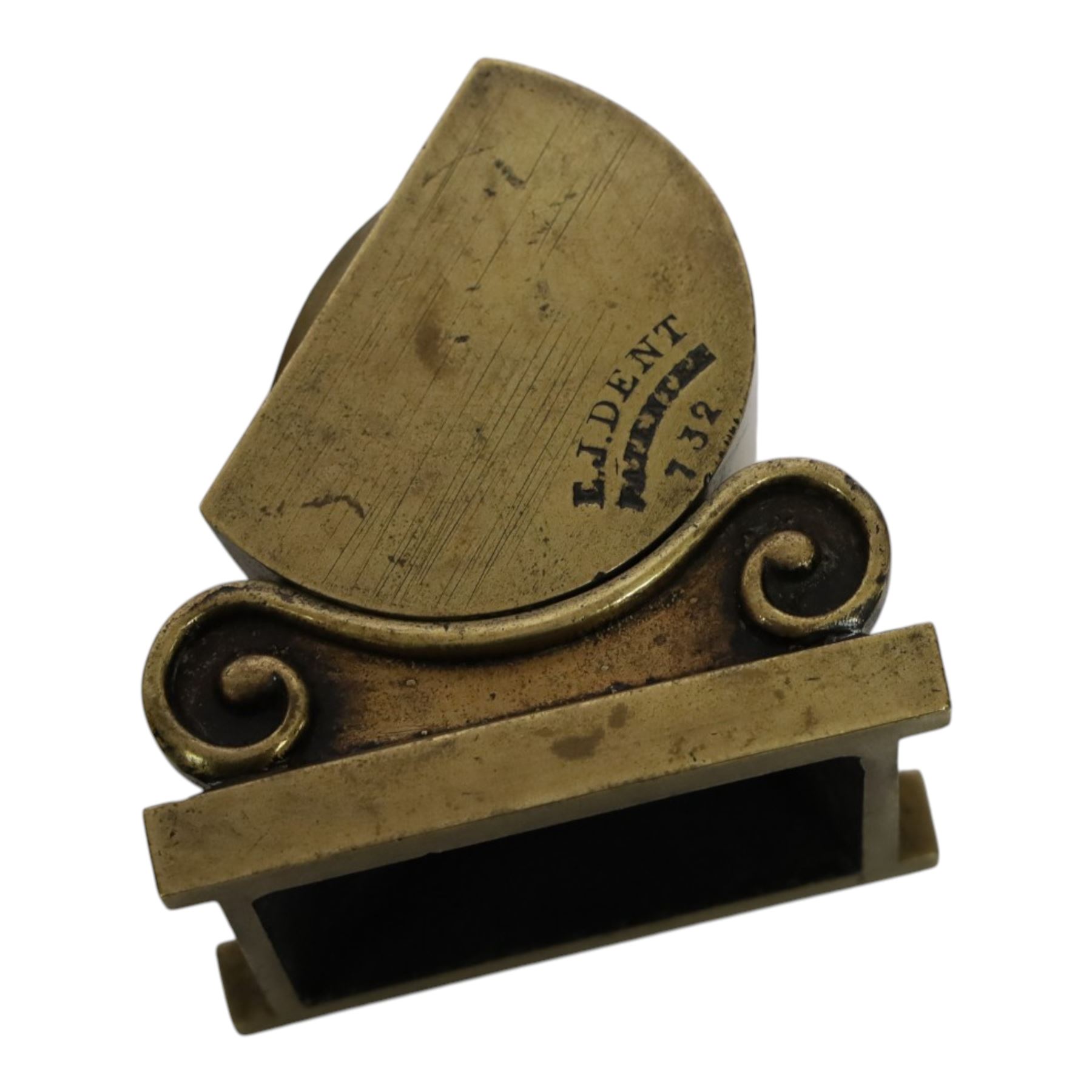 Mid 19th century brass dipleidoscope by E.J.Dent, the screw cap inscribed 'Dent's Patent Meridian Instrument 61 Strand & 34 & 35 Royal Exchange London', with 'East' engraved to on side and 'E.J.Dent Patentee 732' to the other, H8cm