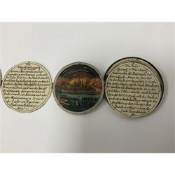 Grolier Club’s silver Schraubmedaille to commemorate the German campaign of 1813, obverse depicts a Greek temple, below “Eintracht Überwindet Alles”, the reverse depicts three figures and the text “Gerechtigkeit. Weisheit. U. Einigkeit. Beglücken. D.: Menschheit”, inside are twelve circular hand coloured engravings depicting six major battles of the German campaign, each with corresponding descriptions, D