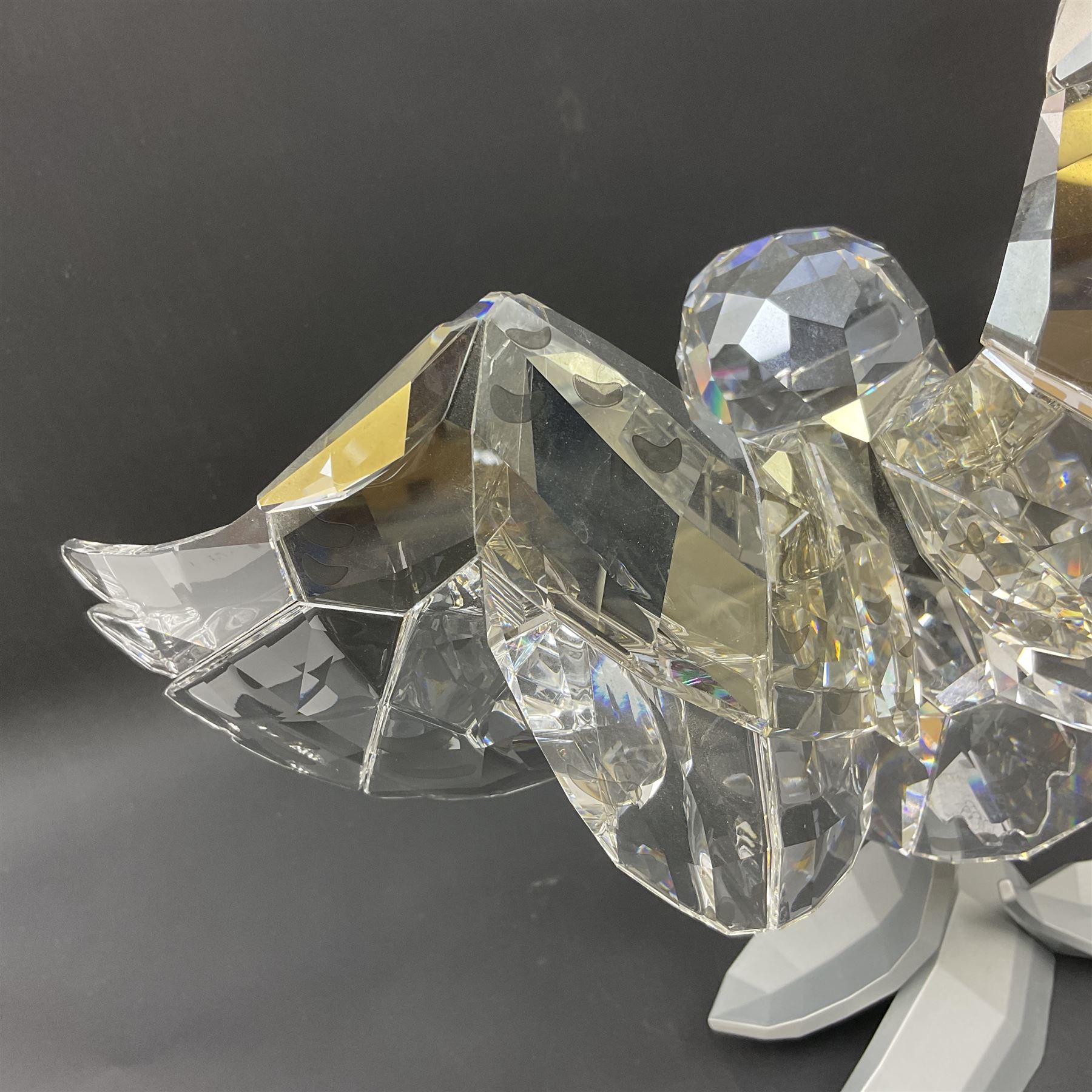 Swarovski Crystal Soulmates, Snowy Owl, upon stylised metal base, H30cm 