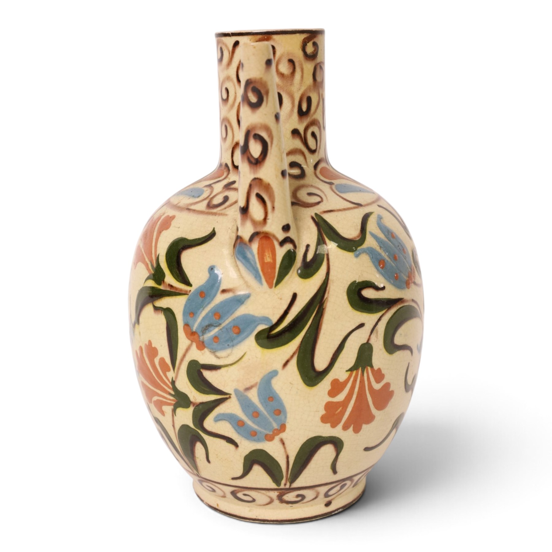 Iznik-style ewer, late 19th/early 20th century, the ovoid body painted with stylized flowers upon a cream ground, the neck with repeating scrolling boarder, H28cm