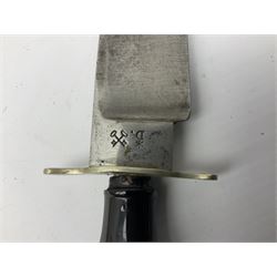 Hunting knife by J Nowill & Sons, Sheffield, the handle inset with mother of pearl, blade length 19cm; George Wolstenholme IXL lock-knife with antler scales L29cm open; and another Bowie style hunting knife marked 'V.R. Warranted Sheffield Joseph Ellis & Sons' in leather sheath (3)