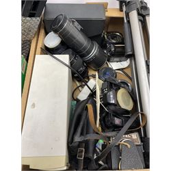 Cameras and related equipment including Fujifilm FinePix S5500, Minolta and other lenses, various camera bodies, soft case camera bag etc and a pair of Aico 10X50 binoculars, in two boxes (all untested)