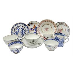 Group of 18th and early 19th century tea wares, to include a late 18th century Chelsea-Derby coffee cup, decorated with floral sprays and sprigs, with gold mark beneath H6.5cm, blue and white tea bowl and saucer decorated with figures within a quatrefoil panel, blue and white coffee can decorated with pagodas, fence and stylised trees, etc. 