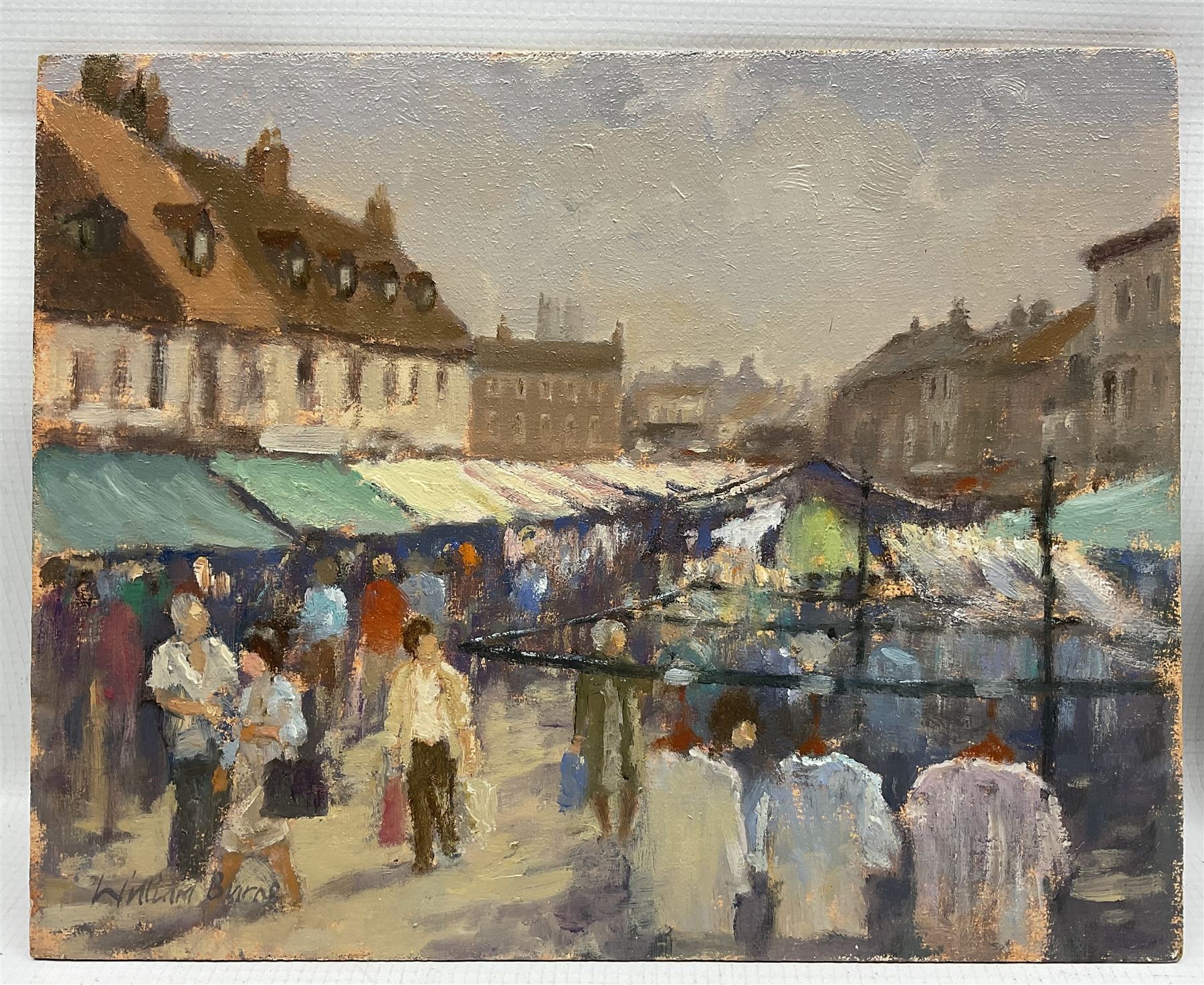 William Burns (Northern British 1923-2010): 'Beverley Market - Summer', oil on board signed, titled verso 20cm x 25cm (unframed) Provenance: Direct from the family of the artist.
Notes: Born in Sheffield in 1923, William Burns RIBA FSAI FRSA studied at the Sheffield College of Art before the outbreak of the Second World War, during which he helped illustrate the official War Diaries for the North Africa Campaign, and was elected a member of the Armed Forces Art Society. On his return, he studied architecture at Sheffield University and later ran his own successful practice, being a member of the Royal Institute of British Architects. However, painting had always been his self-confessed 'first love', and in the 1970s he gave up architecture to become a full-time artist, having his first one-man exhibition in 1979.