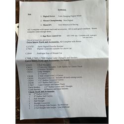 Quantity of Scalextric, including various sets; Digital Driver, Nissan Championship, Moto GP1, App Race control set and a collection of track and other accessories as per list