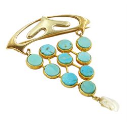Murrle Bennett Art Nouveau gold turquoise and pearl brooch, stamped 15ct