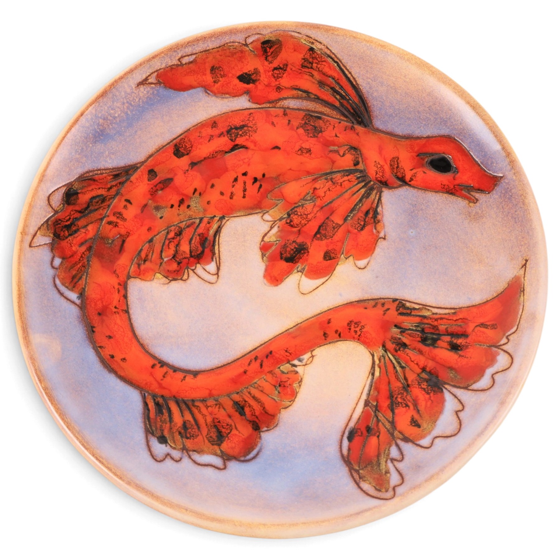 Monique Brunner - earthenware plates, decorated with fish and shellfish, upon a pink and cream ground, signed Vallauris beneath, six D20cm, one D24cm  