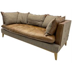 Harris Tweed - Large sofa upholstered in tan leather and tweed fabric, oak frame and legs