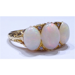  Gold three stone opal and diamond ring, stamped 18  