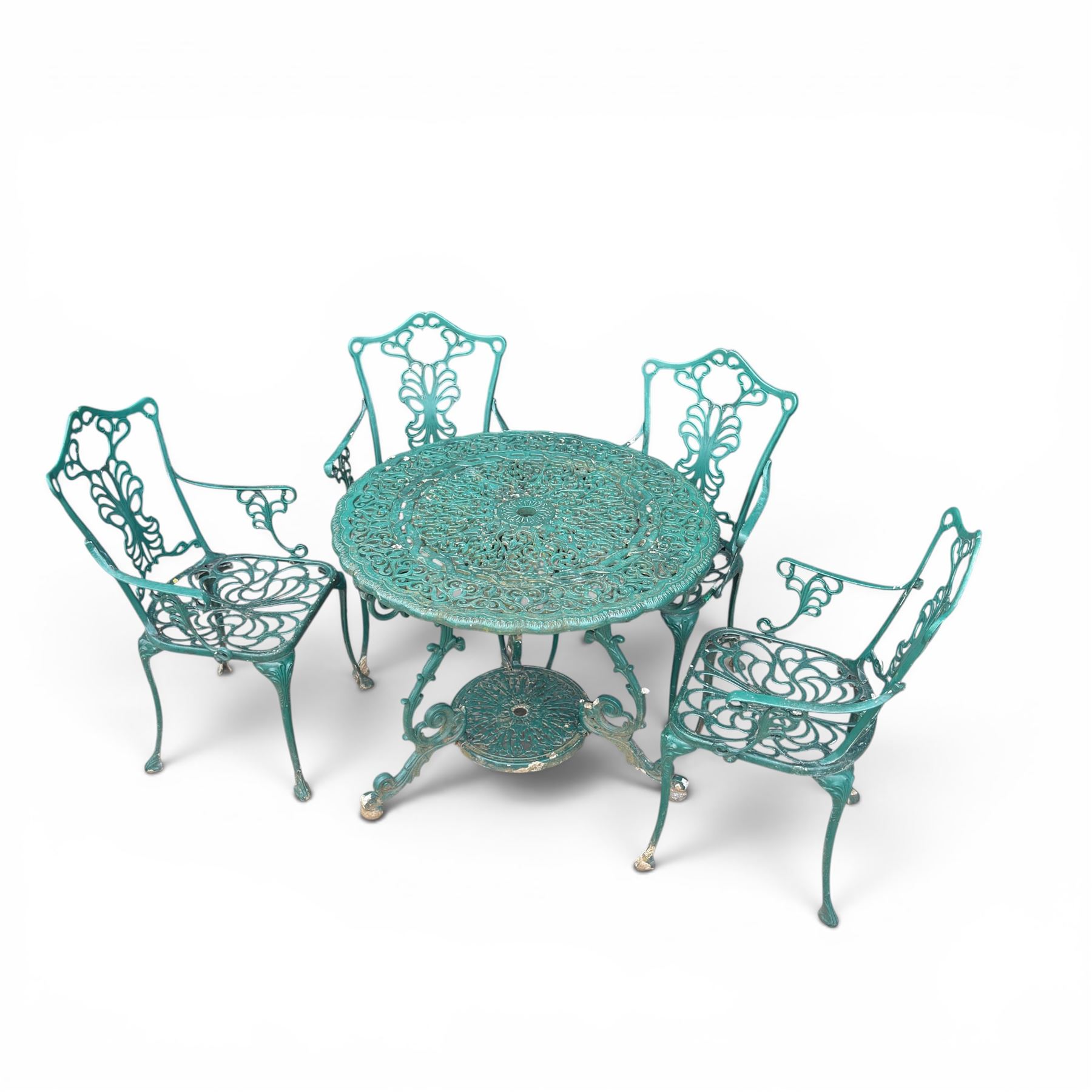 Victorian style cast aluminium garden table and four armchairs chairs in a weathered green finish