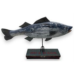John Thornton (Northern British 1944-): 'Seabass', carved and painted driftwood sculpture, signed and titled to base, H35cm W56cm D10.5cm