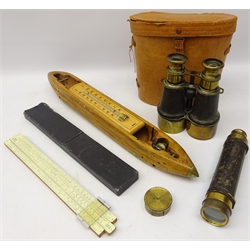  Pair of WWI L. Petit Fabt, Paris leather and japanned brass Binoculars, with broad Arrow, S.3 59990, a leather covered brass three-draw pocket Telescope with lens cover and end cap, L60cm,  a Jowett E96 Weaving shuttle with inset Thermometer, L48cm, and a 'Unique ' Universal Slide Rule in case, (4)   