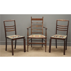  Early 20th century inlaid mahogany armchair, turned supports and pair early 20th century dining chairs, shaped cresting rails, square carved supports, all upholstered in Art Nouveau 'Lanthe' fabric designed by R. Beauclair   