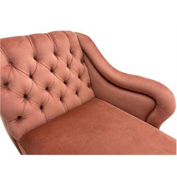 Victorian style chaise lounge, scrolled buttoned back upholstered in pink fabric