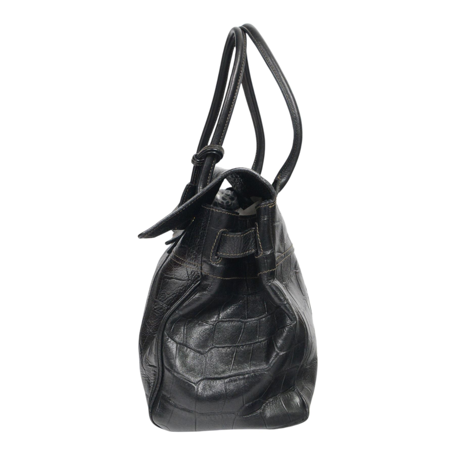 Mulberry Bayswater handbag, black mock crocodile-embossed leather with rolled leather top handles and brass hardware, the front secured by an oval Postman’s Lock stamped with the Mulberry tree motif, the interior lined in tan suede with zip pocket and slip compartments, leather brand tab stamped Mulberry, together with original Mulberry dust bag, W36cm D16cm H26cm