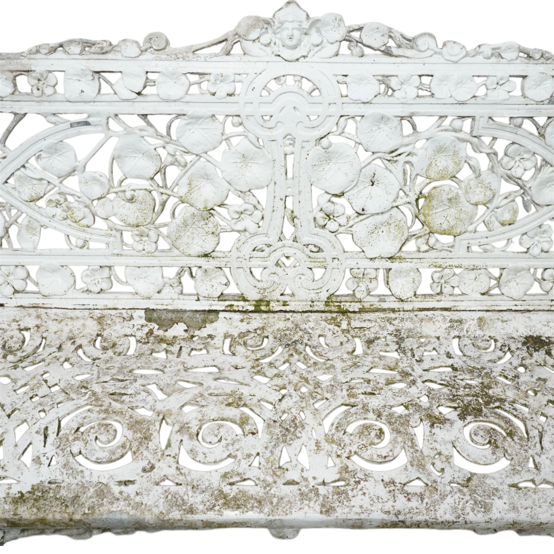 Coalbrookdale design - early 20th century cast aluminium Nasturtium pattern bench, white painted cast aluminium frame and seat, the pediment with a central female mask flanked with extending leafage, the back and seat with scrolling lattice design and interspersed Narsturtium leaves, flanked shaped arm terminals over splayed supports