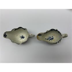 Two 18th century Lowestoft cream boats, each with moulded body, the first example decorated with floral sprays and a vignette containing two fishermen, L11cm, the second example decorated with floral sprays, L10cm 