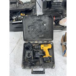 Performance Pro router with accessories, cased; DeWalt drill, two angle grinders with bits, biscuit jointer, bench grinder, scroll saw, heat gun, drills and other
