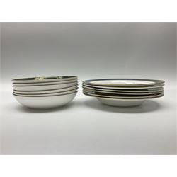 Royal Doulton Carlyle pattern tea and dinner service for six, to include teapot, coffee pot, teacups and saucers, coffee cups and saucers, milk jug, open sucrier, dinner plates, side plates, bowls, soup bowls, to covered dishes etc (64) 