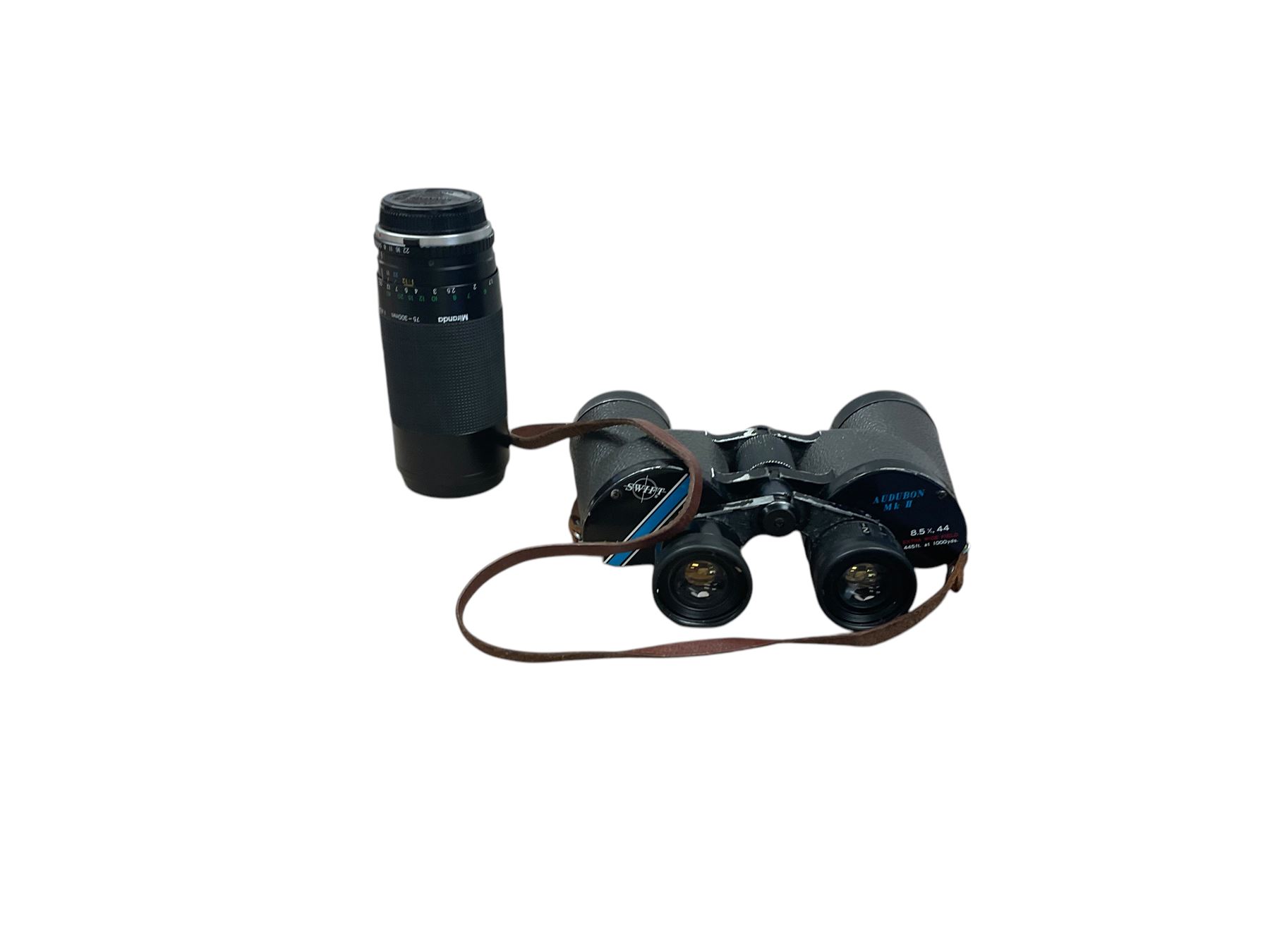 Various cameras and binoculars, including 'Miranda 75-300mm 1:4.5-5.6 MC Macro' lens, Audubon MK II binoculars etc 