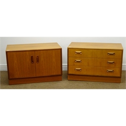  G-plan teak chest, three drawers, plinth base (W81cm, H54cm, D46cm) and matching two door cabinet (W81cm, H54cm, D46cm) (2)  