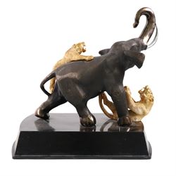 After Genryusai Seiya, modern bronzed model of an elephant being hunted by tigers, upon a black painted wooden base, height including base H45cm