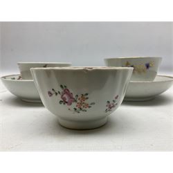 Two 18th century Newhall tea bowls and saucers, the first example decorated with pattern no 195, hand painted painted with floral sprays, the second hand painted with flowers in a gilt boarder, together with a similar tea bowl