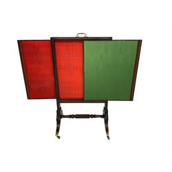 Regency mahogany screen with two horizontal and one vertical pull-out panels, on base with carved sabre legs and rope-twist stretcher