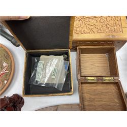 Two Greek Kerameikos plates together with a Kepamik plate and other Grecian style ceramics, carved African figures and treen, boxes etc 