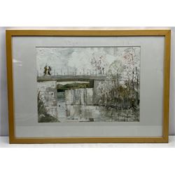 John Squire ARIBA (British Contemporary): Canal Bridge, mixed media on linen laid on board signed with initials and dated '07, studio label verso with artist's address Heckmondwike, West Yorks verso 41cm x 55cm