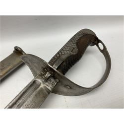 Japanese Model 1899 Type 32 'Otsu' pattern army sword, with 76.5cm single edged, slightly curved blade with narrow fuller, numbered 73684 to the ricasso;  steel hilt with chequered backstrap and grip ears with wooden chequered grip and locking action;  in steel scabbard with single hanging ring L93cm overall