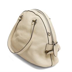 Prada - Bauletto handbag in Quarzo Vitello Daino pebbled calf leather with black piping, with twin leather top handles, silver-tone Prada Milano logo and hardware, zip top fastening, detachable and adjustable shoulder strap and leather clochette, with authenticity cards and original Prada dust bag
