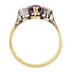 Gold three stone oval cut ruby and round cut diamond ring, stamped 18ct Plat, ruby approx 0.65 carat, total diamond weight approx 0.30 carat