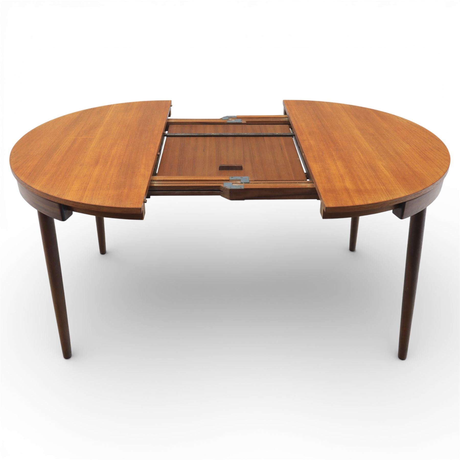 Frem Røjle - Danish teak 'Roundette' extendable dining table, circular top with softly chamfered edge and internal stowable leaf extends to 156cm, raised on four tapered cylindrical legs, accompanied by four matching dining chairs with shaped teak frames and black vinyl upholstered seats, the chairs designed to nest beneath the table when not in use