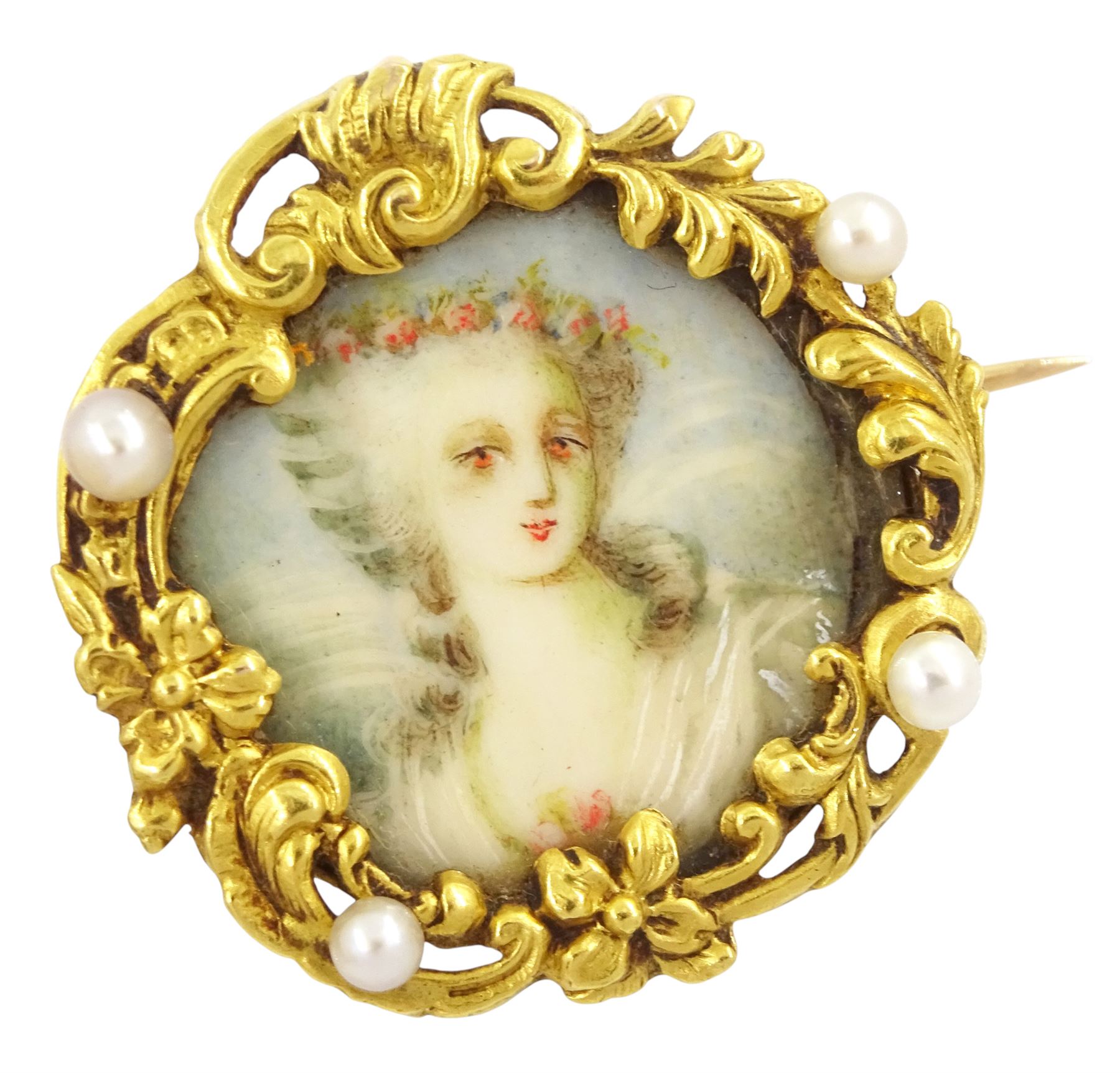 19th century gold pearl portrait brooch and similar pendant, each set with a miniature of a woman, on ivory, within gold scrolled frames. This lot has been registered for sale under Section 10 of the APHA Ivory Act