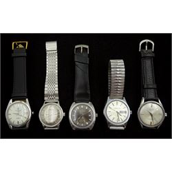 Five gentleman's automatic wristwatches including Enicar Ultrasonic, Helvetia, Everite King, Henri Sandoz & Fils and Legion