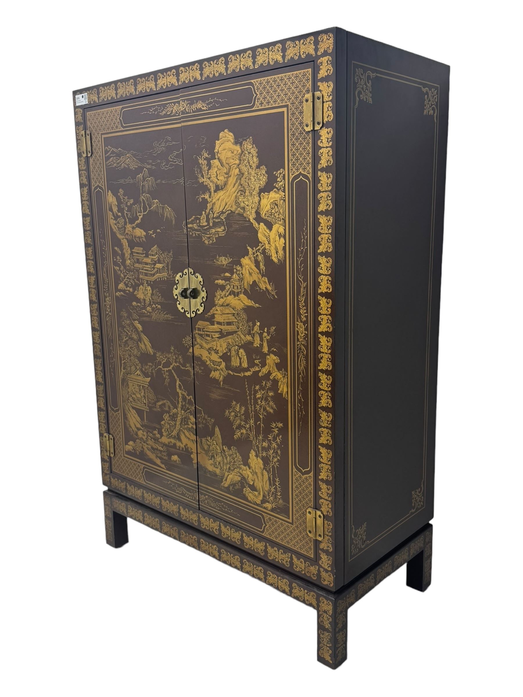 Chinese brown lacquered cocktail cabinet, decorated with gilt scenes of a traditional landscape with figures, pagodas, and mountainous scenery, double doors opening to reveal fitted interior with mirrored back, wine rack, shelves and cupboard, raised on square supports